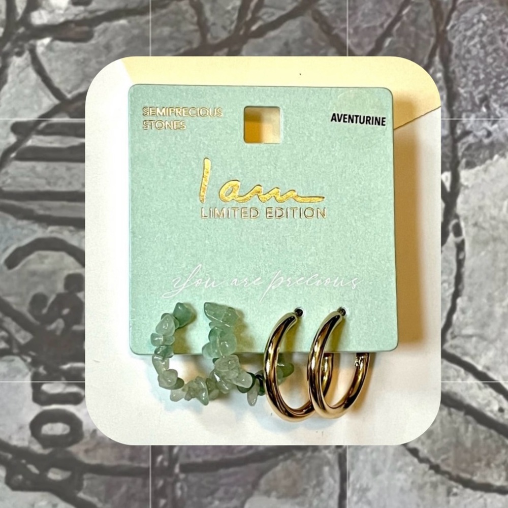 🏷️ set of 2 gold hoop earrings & green stone beaded earrings